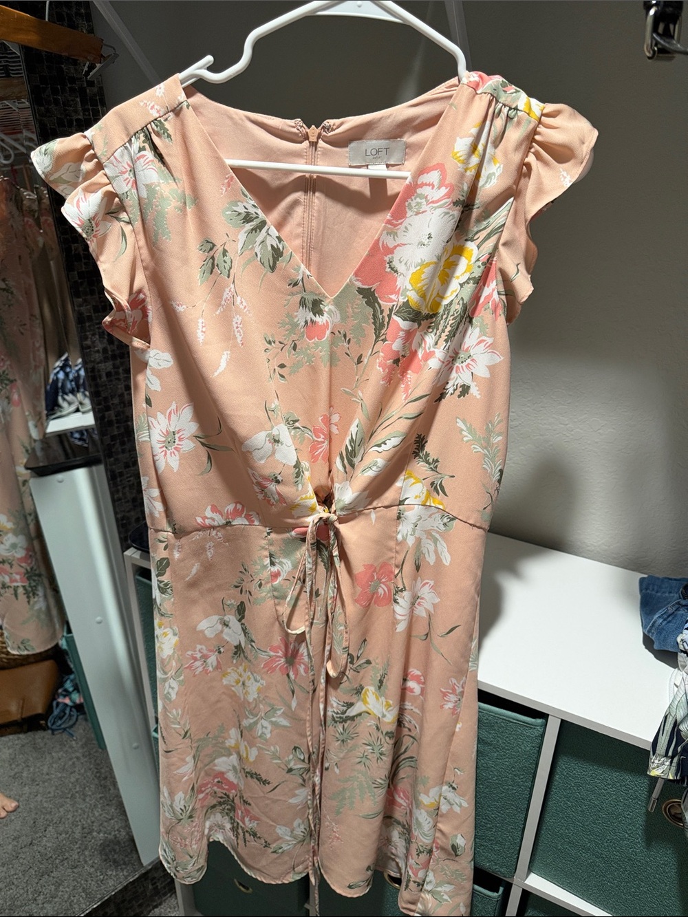 LOFT Peach Floral Tie-Waist Dress